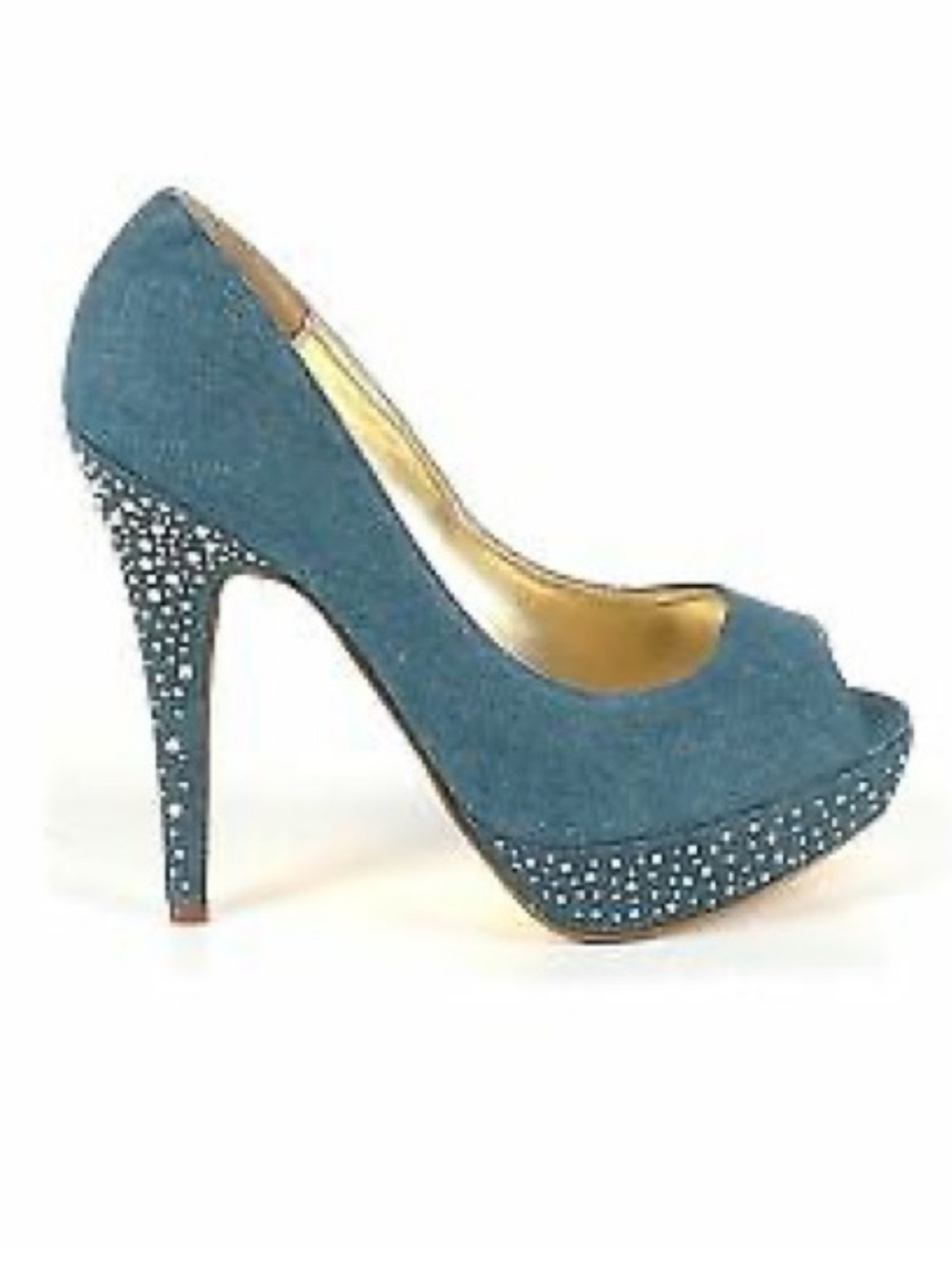 Mariah Carey. Denim Blue Rhinestone Platform Peep-Toe Pumps. NWOT. Size 8